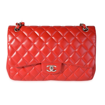 CHANEL Red Quilted Lambskin Classic Jumbo Double Flap Bag