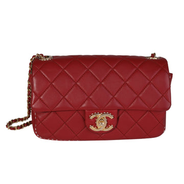 CHANEL Red Quilted Lambskin Small Stitched Single Flap Bag