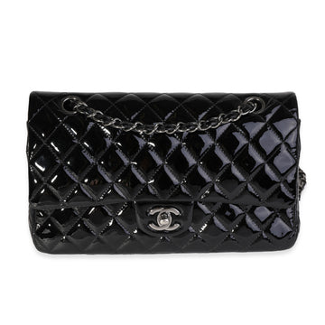 CHANEL Black Quilted Patent Leather Medium Classic Double Flap Bag