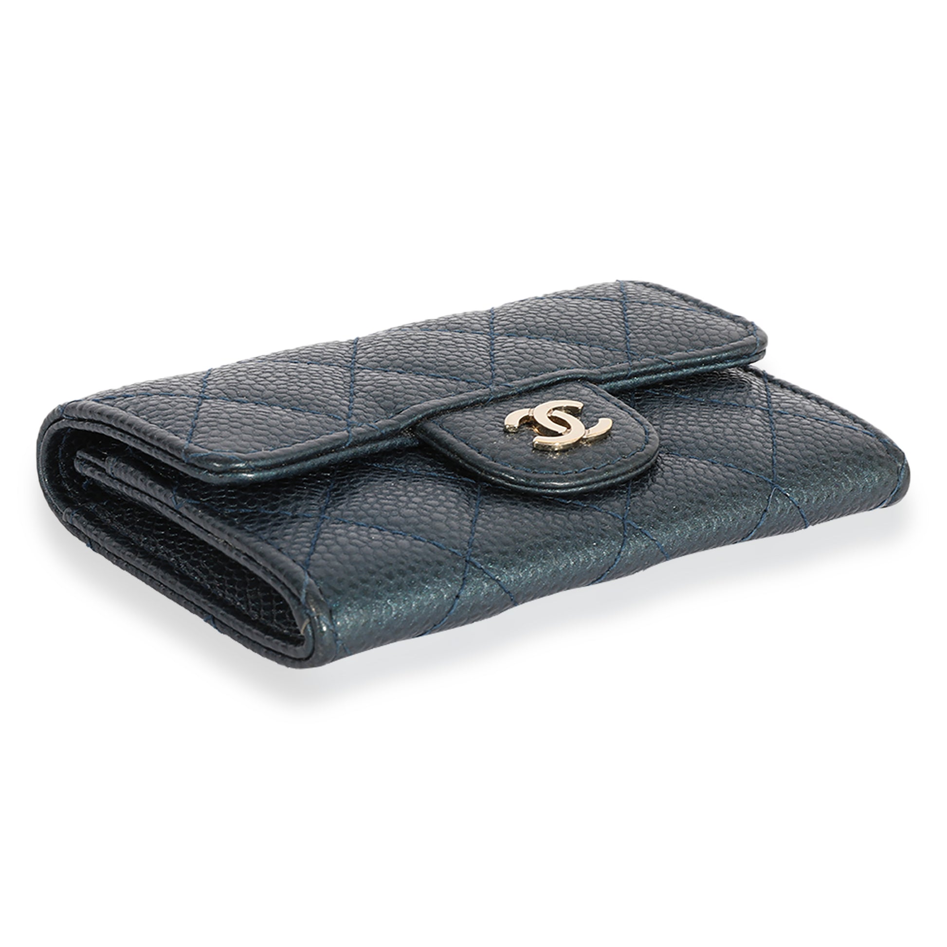 CHANEL Blue Quilted Caviar Flap Card Holder Wallet