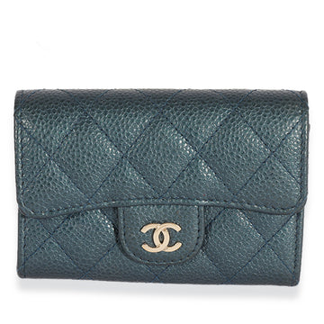 CHANEL Blue Quilted Caviar Flap Card Holder Wallet