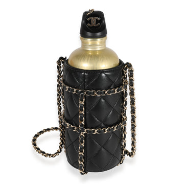CHANEL Gold Metal Water Bottle & Black Quilted Lambskin Holder