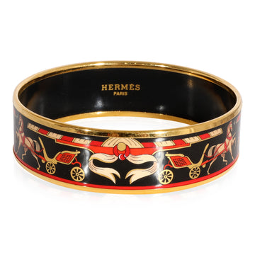 HERMES Plated Black Background Enamel Wide Bracelet with Calache Design [62MM]