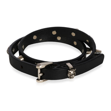 GUCCI Black Leather Double Wrap Bracelet with Feline Heads & Studs
