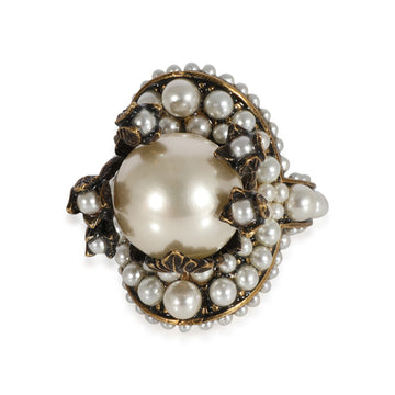 GUCCI Brass Tone Faux Pearl Flower Cocktail Ring