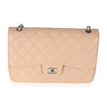 CHANEL Beige Quilted Caviar Jumbo Classic Double Flap Bag
