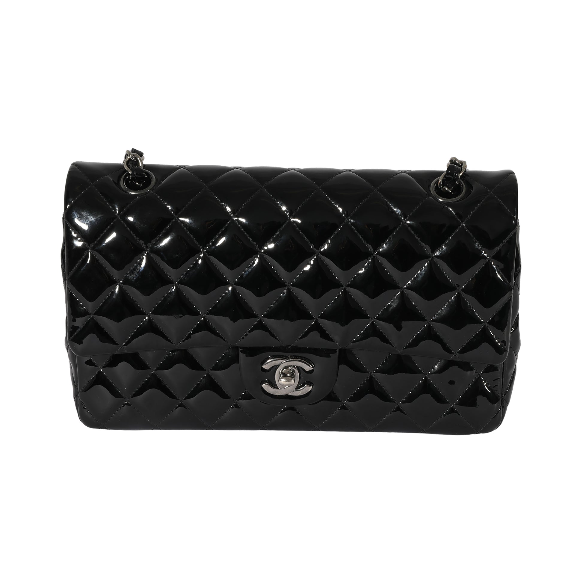 Chanel Black Quilted Patent Medium Classic Double Flap Bag