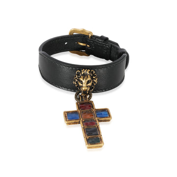 GUCCI Leather Lion Head & Jewel Toned Cross Gold-Tone Bracelet