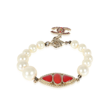 CHANEL Faux Pearl & Red Gripoix CC Bracelet