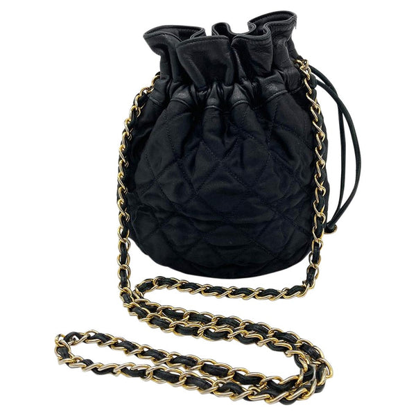 CHANEL Vintage Black Satin & Leather Drawstring Bucket Bag