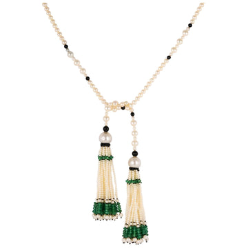 Baume Long Onyx Pearl Emerald Art Deco Style Necklace