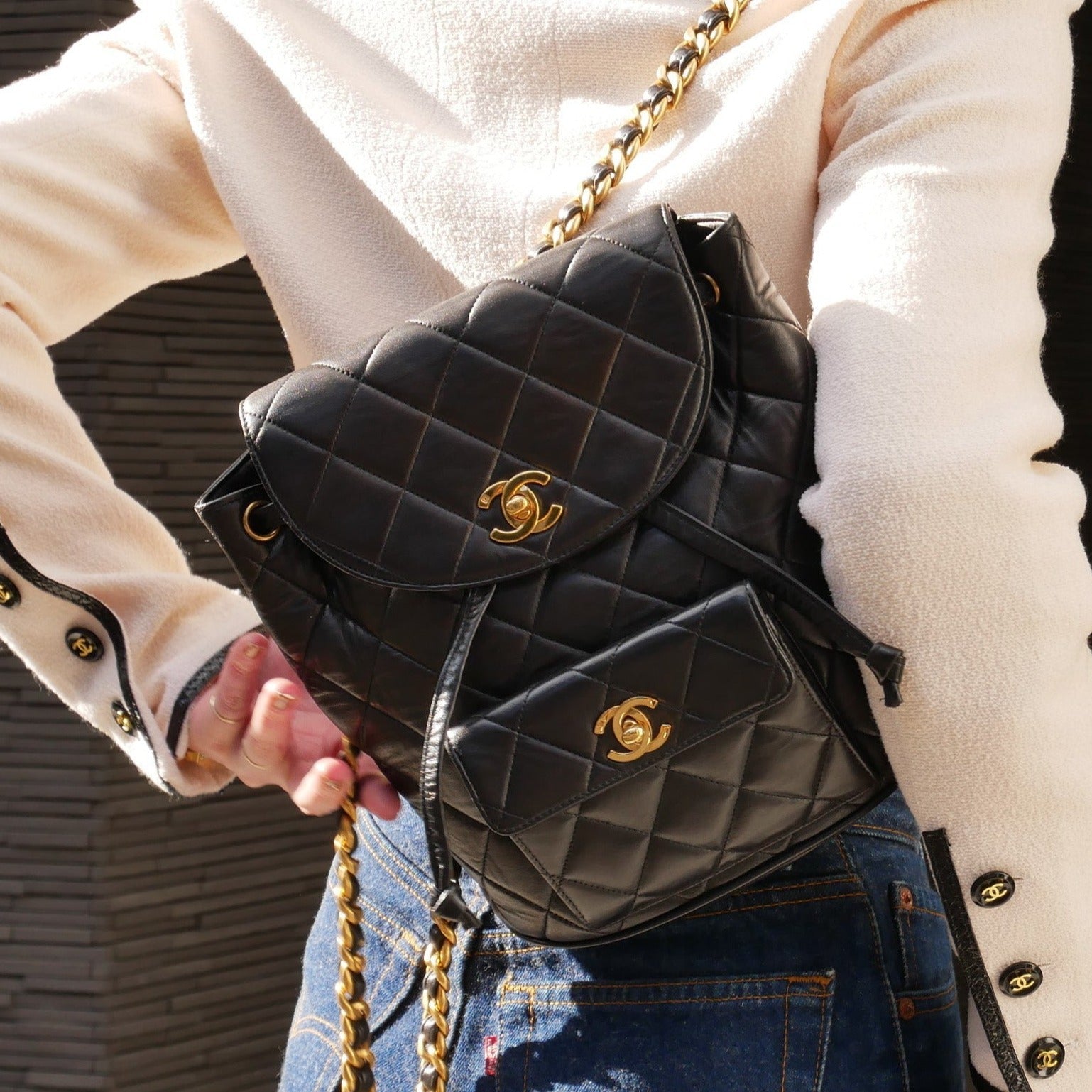 Vintage Chanel Duma Backpack Beige and Black Tweed Gold Hardware