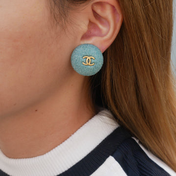 CHANEL 1994 Button Earrings Gold Light Blue Clip-On 70059