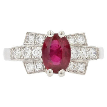 French Modern Art Deco Style Ruby Diamonds Platinum Ring