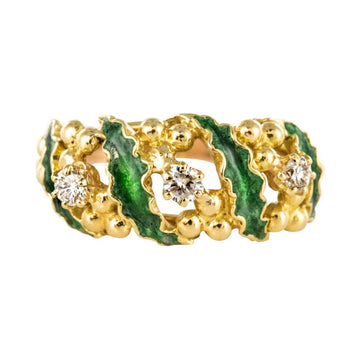 1980s Green Enamel Diamond 18 Karat Yellow Gold Ring