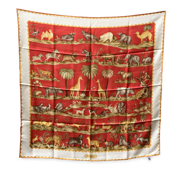 SALVATORE FERRAGAMO Vintage Red Animals Print Silk Scarf