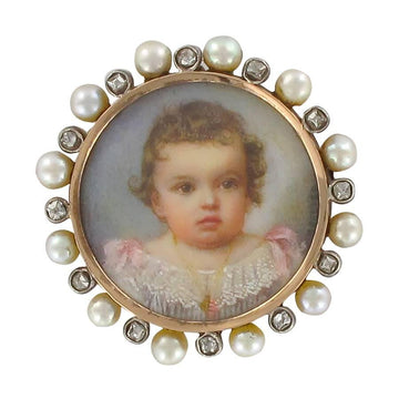 19th Century Napoleon 3 Porcelain Miniature Natural Pearl Diamond Brooch