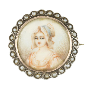 19th Century Miniature and Pearls on Silver Brooch