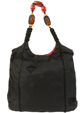 PRADA Nylon Logo Embroidered Beads Top Handle Bag Black