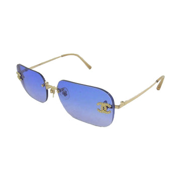 Chanel Blue Tinted Gold CC Logo Rhinestone Rimless Sunglasses