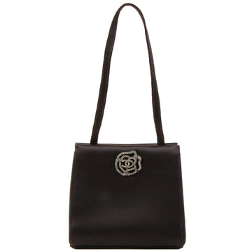 CHANEL Around 2000 Made Silk Satin Rhinestone Camellia Cc Mark Mini Top Handle Bag Black