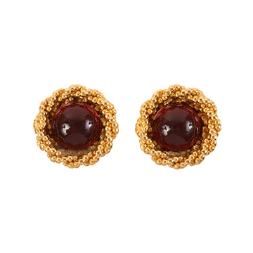 CHANEL 1994 Made Round Edge Design Stone Earrings Brown