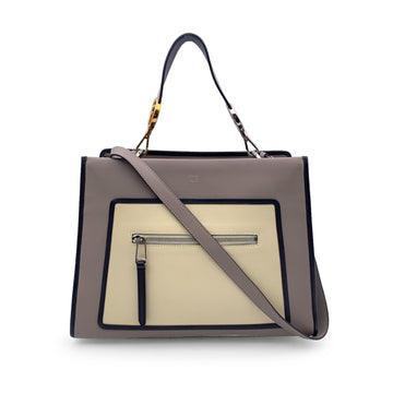 FENDI Grey Beige Black Leather Runaway Tote Bag With Two Straps