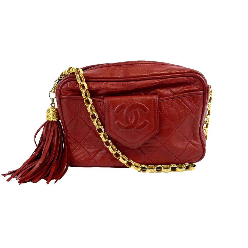 CHANEL - Vintage CC Red Lambskin Gold Chain Tassel Camera Bag Crossbod