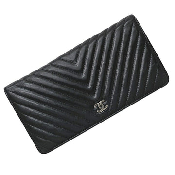 Chanel Bifold Long Wallet Black Silver V Stitch A31509 Leather Lambskin 1 CHANEL Coco Mark Quilted Women's