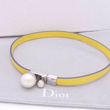 CHRISTIAN DIOR Choker Necklace Leather/Metal/Fake Pearl Yellow x Silver White Women's