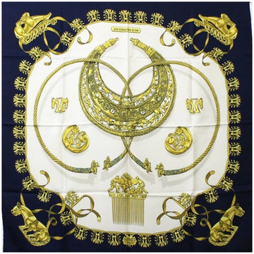HERMES Silk Scarf Stole Carre 90 LES CAVALIERS D'OR [Golden Knight] Ivory x Navy  | Ladies