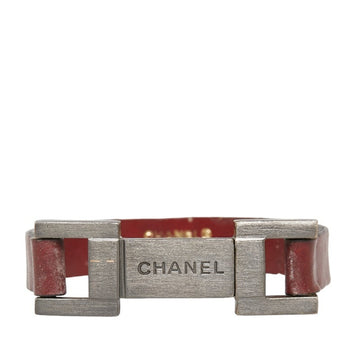 CHANEL plate bangle bracelet dark brown leather metal ladies