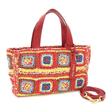 MIU MIU Miu Handbag 5BA183 Red Multicolor Raffia Leather Shoulder Bag Tote Ladies MIUMIU