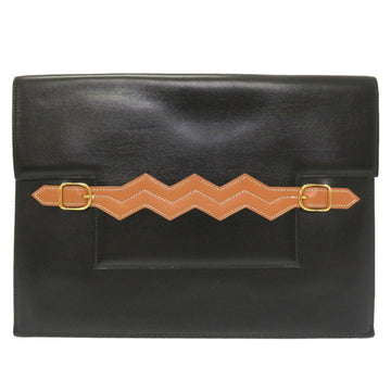 Hermes zigzag box calf buack brown bicolor  O engraved clutch bag black 0059 HERMES
