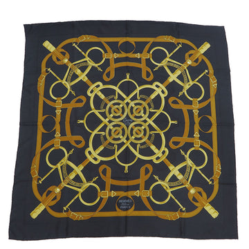 HERMES Carre 90 Eperon d'or Golden Spur Pellier Black x Yellow H.d'ORiGNY Scarf Muffler