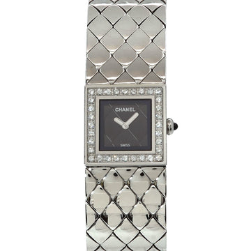 CHANEL Matelasse H0489 Diamond Bezel Vintage Ladies Watch Black Dial Quartz