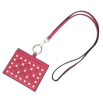 VALENTINO GARAVANI Garavani Card Case Rockstud PW2P0Q01 Pink White Leather Holder Neck Strap Pass Stitch Quilting Wallet