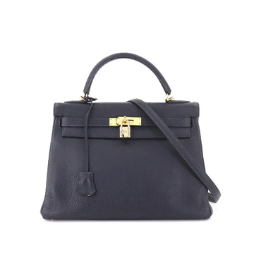 Hermes Kelly 32 2way hand shoulder bag Taurillon Clemence blue indigo H stamped inner stitch Gold metal fittings