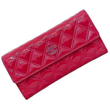 Chanel Bifold Long Wallet Pink Silver Matelasse A82127 Patent Leather 20s CHANEL Coco Mark Double Stitch Enamel Flap Women's