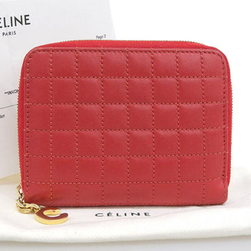 CELINE Plaid Check Coin Purse Round Case Leather Red 10B663BFL