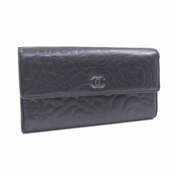 Chanel Bifold Long Wallet Camellia Women's Black Calf Leather A82283 Cocomark Flower