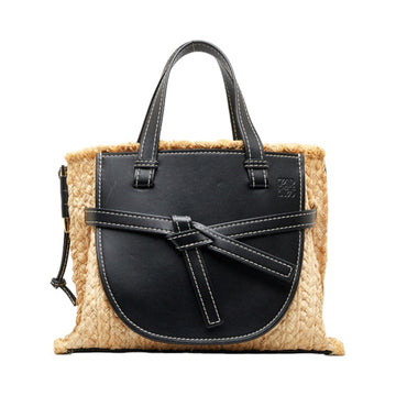 LOEWE Anagram Gate Handbag Shoulder Bag 329.13.U61 Black Beige Leather Raffia Women's