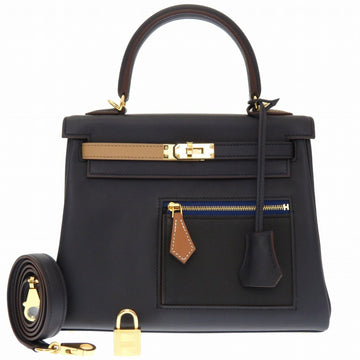 Hermes Kelly 25 Colormatic Swift Blue/Black/Chai/Etoupe/Gold U Engraved () Handbag