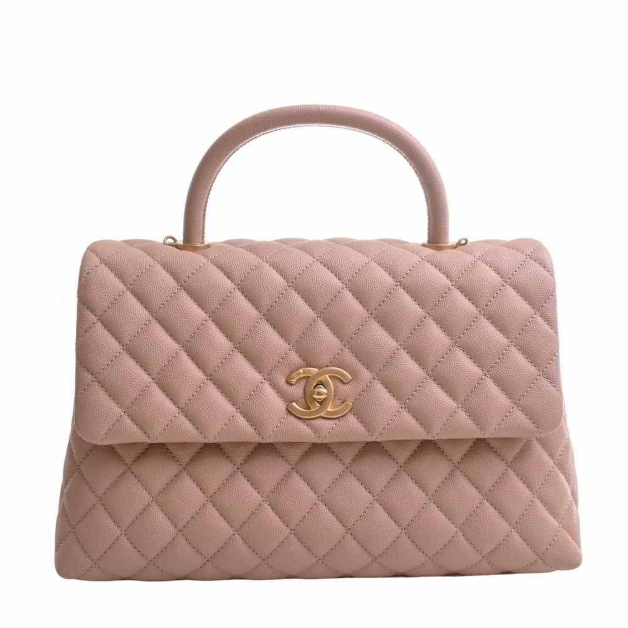 CHANEL Caviar Skin Matelasse Coco Handle Handbag A92992 Pink Beige