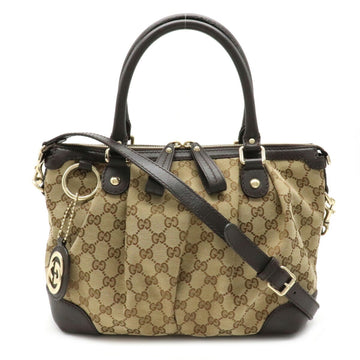 Gucci Suki GG Canvas Handbag Tote Bag Shoulder Leather Khaki Beige Dark Brown 247902