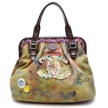 Chanel Embroidered Women's Handbag Canvas Khaki