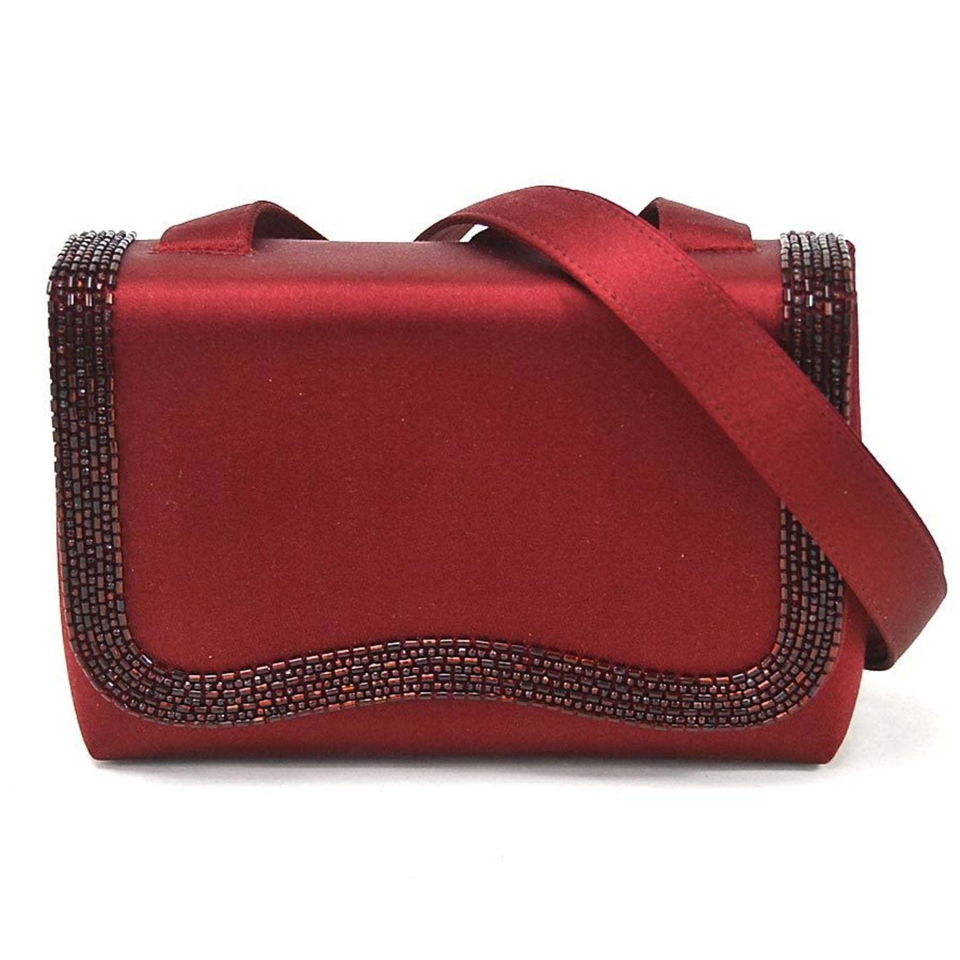 Chanel Shoulder Bag Diagonal Coco Mark Wine Red Satin x Beads