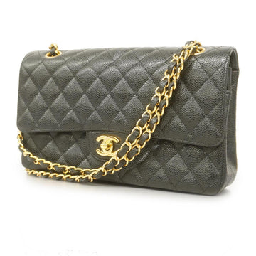 CHANEL Shoulder Bag Matelasse W Flap Chain Caviar Skin Black Gold Hardware Women's