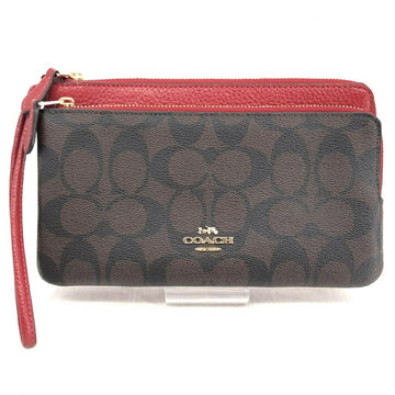 COACH Signature Pouch Wallet Red Brown Leather