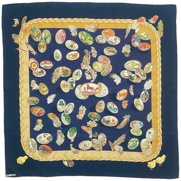 HERMES scarf muffler Carre 90 navy gold multicolor egg silk 100%  large size COUVEE D ladies fashion dark blue